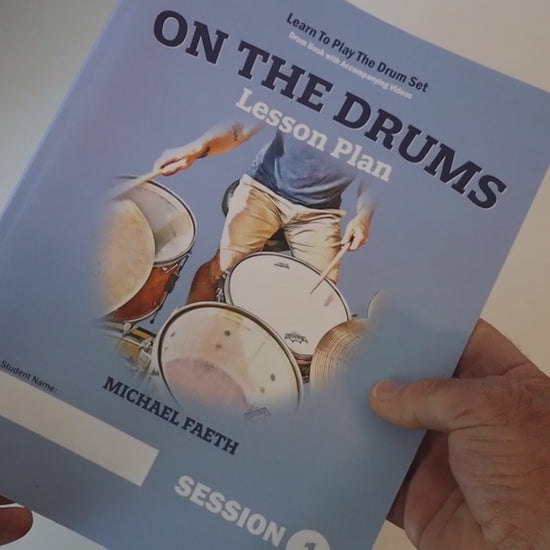 Video showing the book On The Drums Lesson Plan by Michael Faeth being flipped through and over to show the back cover.