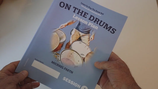 Video showing the book On The Drums Lesson Plan by Michael Faeth being flipped through and over to show the back cover.